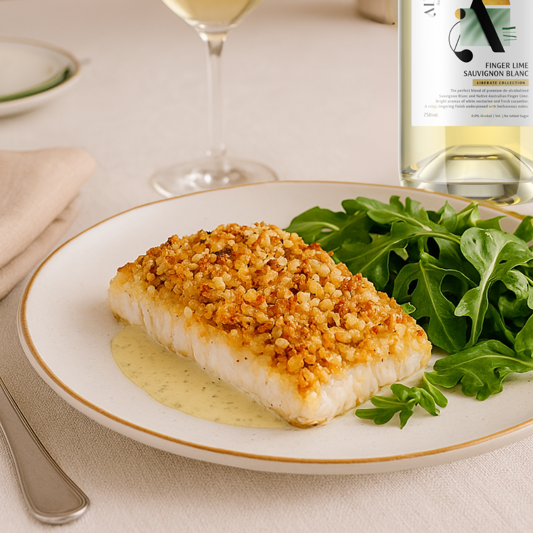 Macadamia-Crusted Barramundi with Finger Lime Sauvignon Blanc